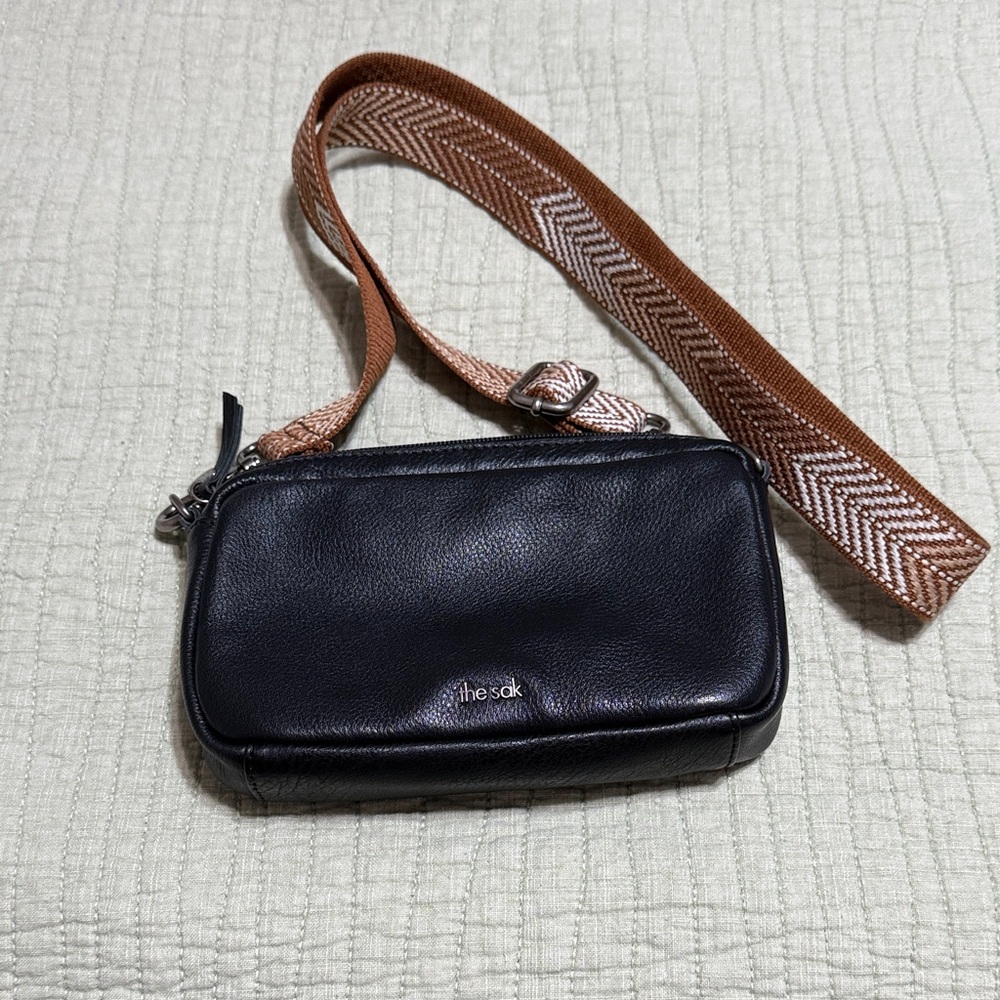 EUC The Sak Black Leather Bag with Tan Woven Strap